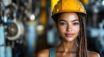 Woman in hard hat at work. A confident young woman in a hard hat smiles, showing her dedication and expertise in a factory. photo