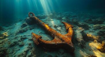 Underwater anchor rests on ocean floor. A rusty anchor rests on the sandy ocean floor, surrounded by rocks and sunlight filtering through the water. photo