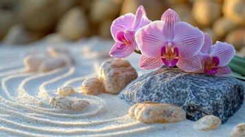 Beautiful orchids on sandy beach display. Vibrant orchids rest on smooth stones with gentle sand patterns, evoking a peaceful coastal atmosphere. photo
