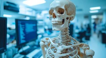 Lab study of human anatomy. A realistic skeleton is featured in a lab filled with computers and anatomical study materials. photo