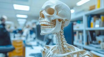 Skeleton model in lab. A detailed skeleton model displayed in a modern laboratory, with students and equipment visible in the background. photo