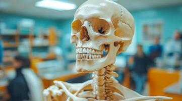 Human skeleton model display. A skeleton model is showcased in a classroom, providing a visual learning tool for students studying anatomy. photo