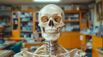 Skeleton model for teaching. A detailed skeleton model stands out in a tidy classroom filled with learning materials. photo