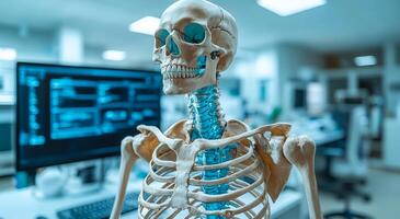 Skeleton model in lab. A detailed skeleton model is positioned in a busy medical laboratory filled with equipment and monitors. photo