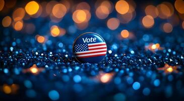 Vote button on a sparkling background. A vibrant Vote button with an American flag sits on a shiny blue surface, highlighting civic engagement. photo