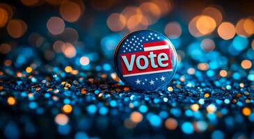Bright vote button on shimmering surface. A vibrant vote button stands out against a sparkling background, emphasizing the importance of civic engagement. photo