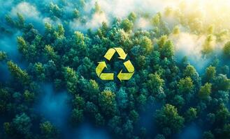 Recycling symbol over lush green forest. Golden sunlight filters through mist above a vibrant green forest with a recycling symbol in the center. photo