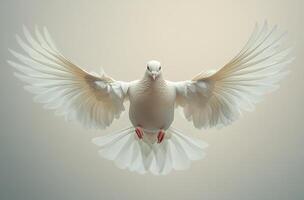 Dove soaring with wings spread. A white dove gracefully soars with wings outstretched against a soft backdrop, highlighting its elegance. photo