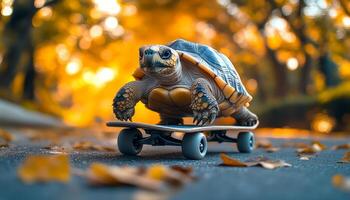 Skating turtle enjoys autumn stroll. A turtle skillfully rides a skateboard along a path covered with fallen leaves during a vibrant autumn day. photo