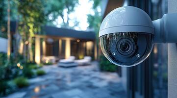Security camera monitors outdoor area. A security camera overlooks a modern outdoor space during daylight, ensuring safety in the serene garden environment. photo