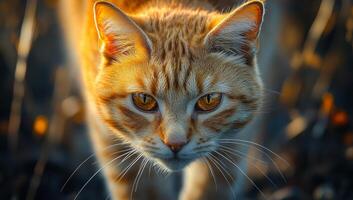 Amber-eyed cat in sunlight. A close-up of a focused orange tabby cat walking through tall grass during golden hour, showcasing its intense gaze. photo