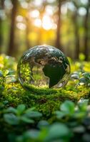 Glass globe on mossy forest floor. A glass globe with a detailed map sits on vibrant green moss, illuminated by soft sunlight filtering through trees. photo