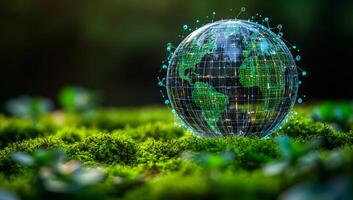 Glowing globe shows nature's link. A digital globe with a network overlay rests on lush green moss, symbolizing the balance of technology and nature. photo