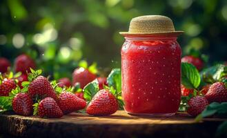 Jar of strawberry jam and berries. Bright red strawberry jam in a jar rests on a wooden surface among fresh strawberries under warm sunlight. photo