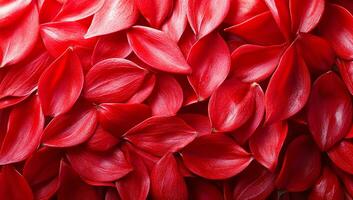 Vibrant red petals spread across surface. Bright red petals lay scattered, creating an eye-catching display of color and texture, ideal for decoration or design. photo