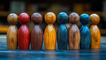 Colorful wooden figures lined up. Nine colorful wooden figures are arranged in a row on a wooden surface, displaying their unique shapes. photo