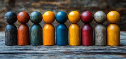 Row of colorful wooden figures. Eight colorful wooden figurines sit on a rustic surface, highlighting fine craftsmanship against a blurred backdrop. photo