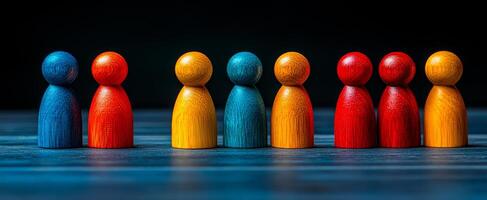 Colorful wooden figures in a row. Colorful wooden figures in a neat line, displaying vibrant hues and playful shapes against a dark background. photo