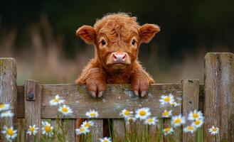 Curious calf peeks over a wooden fence. A young calf with fluffy orange fur curiously looks over a wooden fence surrounded by daisies in a sunny field. photo