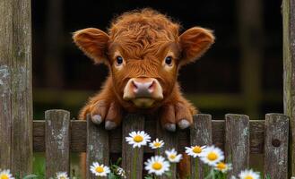 Cute calf peeking over a wooden fence. A young calf with curly fur looks over a rustic fence surrounded by blooming daisies on a sunny day. photo