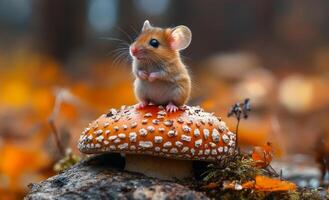 Mouse on mushroom in fall. A small mouse sits atop a bright orange mushroom in a colorful autumn forest, surrounded by fallen leaves. photo