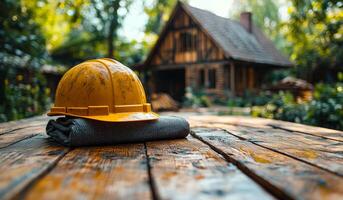 Gear on a wooden table. A yellow hard hat and gray cloth sit on a rustic wooden table outside a cabin surrounded by trees in daylight. photo