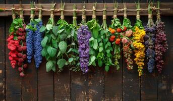 Herbs and flowers drying bright. Vibrant herbs and flowers are tied and hung on a wooden board, creating a beautiful display of colors and textures. photo