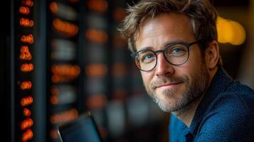 Smiling man by server racks. A man with glasses smiles while seated close to glowing server racks in a modern technology space. photo