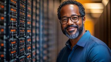 Engineer working in a data center. A professional man smiles while standing near server racks in a busy data center. photo