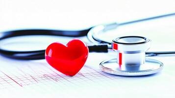 Heart and stethoscope on paper. A bright red heart sits next to a stethoscope on medical paper, signifying health and wellness in a clinical setting. photo