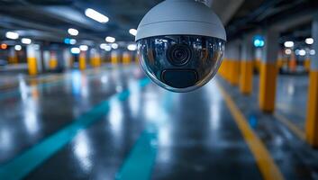Security camera monitors parking area. Security camera positioned in a vacant parking garage, observing the space under artificial lighting. photo