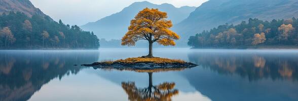 Tree in calm lake this autumn. An orange tree displays autumn leaves on a quaint island, mirroring in a calm lake by the mountains. photo