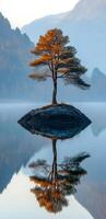 Lonely tree on lakeside island at dawn. A solitary tree stands on a small island, reflecting in still waters as morning fog gently surrounds the scene. photo