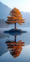 Golden tree reflected in serene water. A lone tree with golden leaves stands on a small island, reflecting with perfect clarity in calm waters at dawn. photo