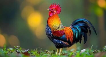 Colorful rooster standing in lush field. A vibrant rooster displays its colorful feathers in a green field during the golden hours of evening light. photo