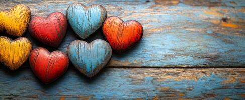 Colorful wooden hearts arranged on table. A collection of colorful wooden hearts in red, blue, yellow, and orange is displayed on a rustic wooden table. photo
