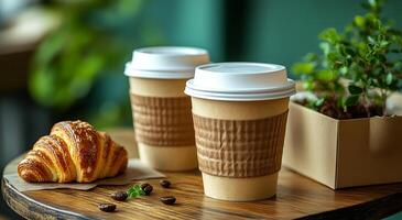 Enjoying coffee and croissants in cafe. Two cups of coffee sit on a wooden table alongside a fresh croissant, creating a cozy cafe vibe. photo