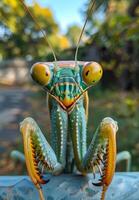 Colorful mantis in nature. A striking green mantis poses atop a surface, surrounded by foliage and soft light during the day. photo