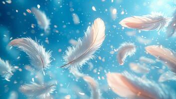 White feathers in blue light. Delicate white feathers drift gently through soft blue light, creating an ethereal atmosphere in a tranquil setting. photo