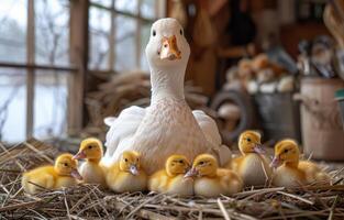 Mother duck and her ducklings resting. A mother duck sits among her fluffy yellow ducklings in a cozy barn setting, surrounded by straw and rustic tools. photo