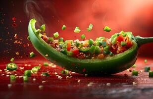 Spicy peppers with veggies. Fresh green peppers bursting with vibrant vegetables and spices, creating an appetizing and vibrant dish. photo