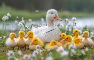 Duck family in a flower meadow. A mother duck and her cute ducklings wander through a meadow filled with white daisies beside a serene body of water. photo