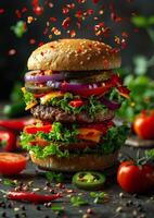 Tasty stacked burger with toppings. A towering burger piled with fresh veggies, cheese, and colorful spices, calling out to your hunger. photo
