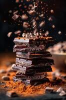 Cocoa-dusted dark chocolate. Rich dark chocolate blocks stacked on a surface, with cocoa powder and chocolate pieces creating an appetizing display. photo