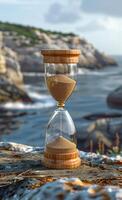 Sand timer placed near coastal landscape. A sand timer stands prominently on a rocky surface by the ocean, with gentle waves and cliffs in the background. photo