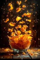 Crispy chips float in mid-air above bowl. Potato chips are suspended in the air above a glass bowl, creating a fun and dynamic snack display. photo