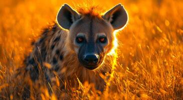 Hyena in golden grass at sunset. A hyena crouches in tall, golden grass during sunset, showcasing its distinct features and piercing eyes. photo