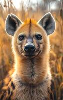 Captivating hyena with striking features. A hyena stands in a grassy field, showcasing its unique expression and fur during golden hour. photo