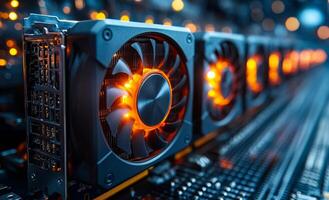 Powerful graphics cards at work. Orange lights illuminate powerful graphics cards, highlighting technology in gaming and computing setups. photo