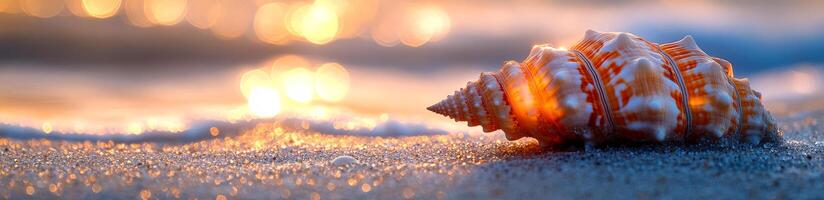 Sunset glow on a seashell at the beach. A beautiful seashell rests on the sandy shore as the sun sets, casting a warm glow over the captivating scene. photo